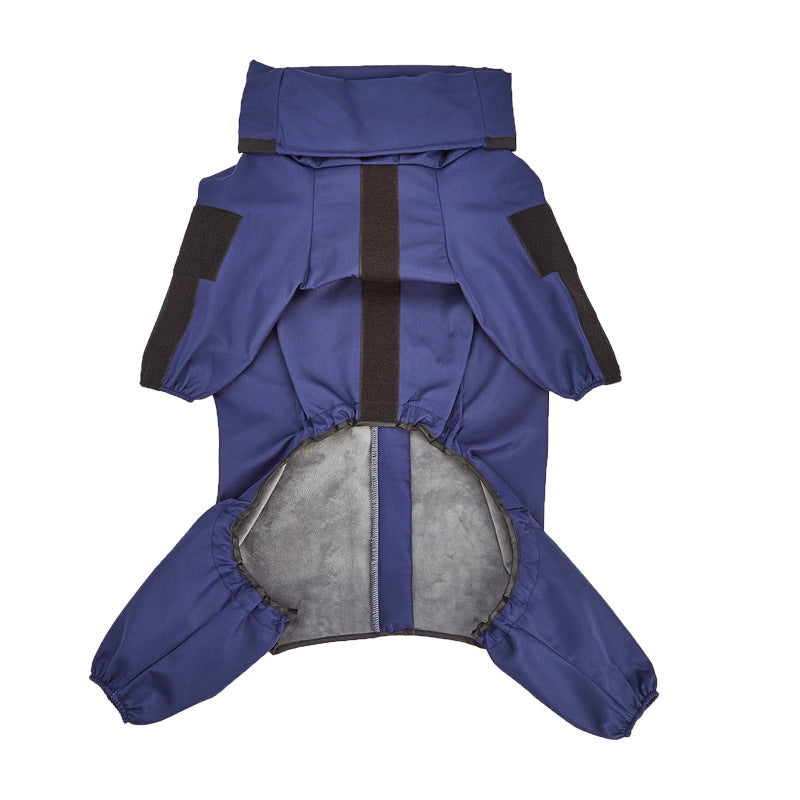 Reflective hooded dog raincoat in silver fabric, showing size and shape