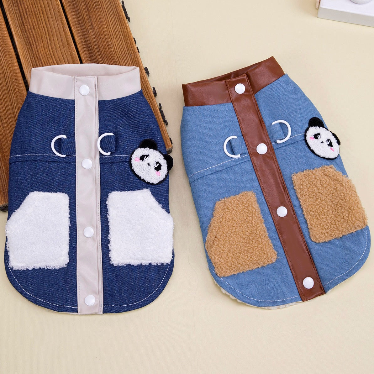 Fleece lined denim pet jacket with panda design, in a home setting