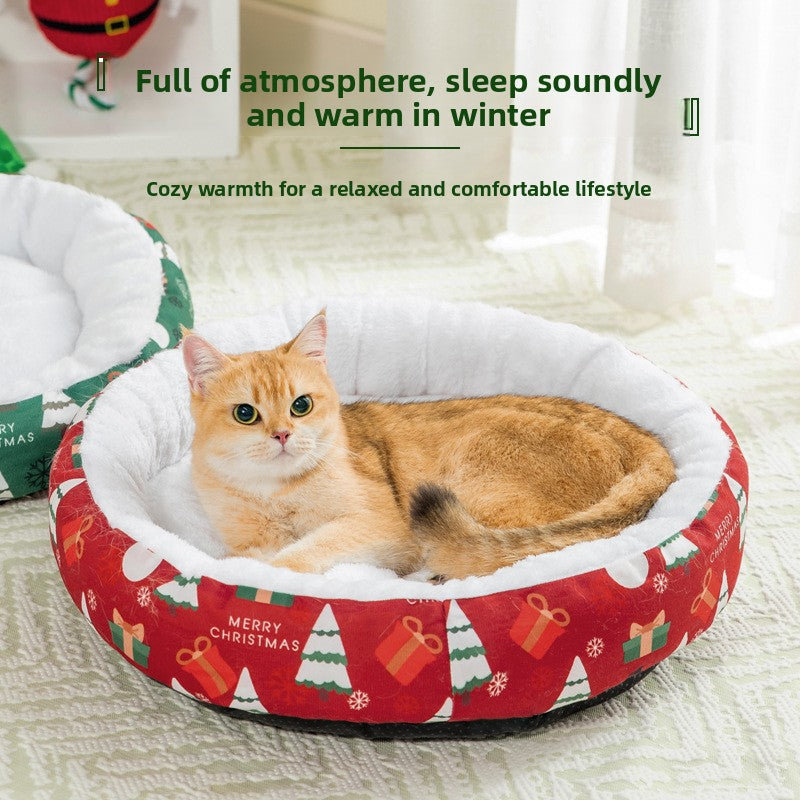 Christmas round pet bed for cats and small dogs, shown in 2 colours and styles