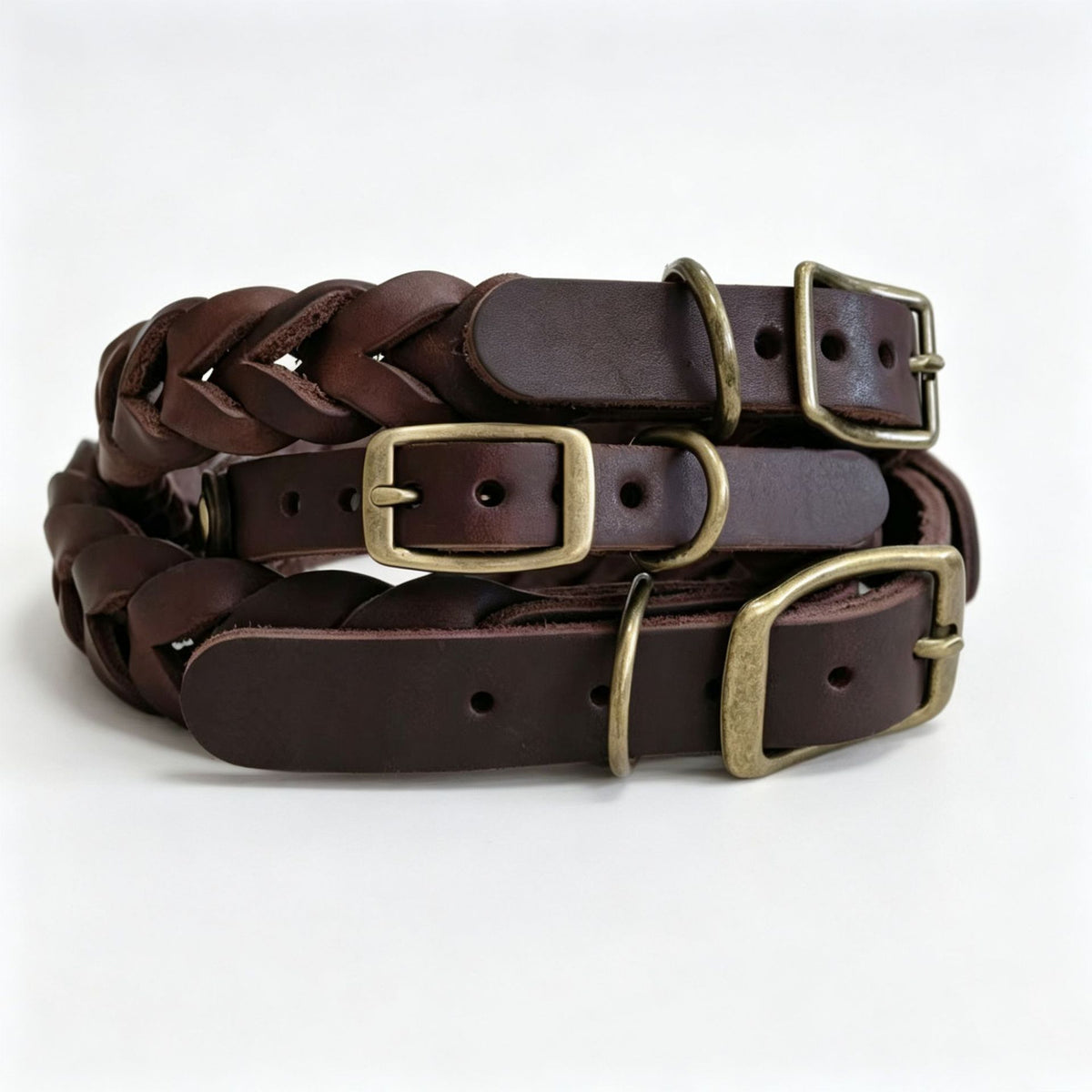 Vintage braided cowhide leather dog collar with bronze buckle, product image 5