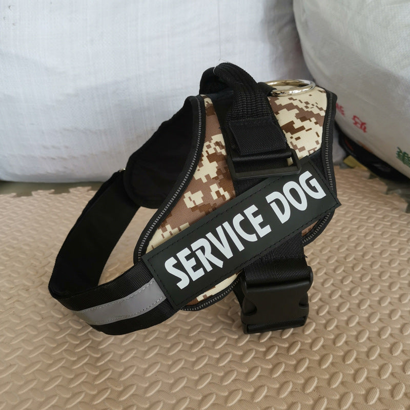 Padded nylon dog harness in camo green on a dog
