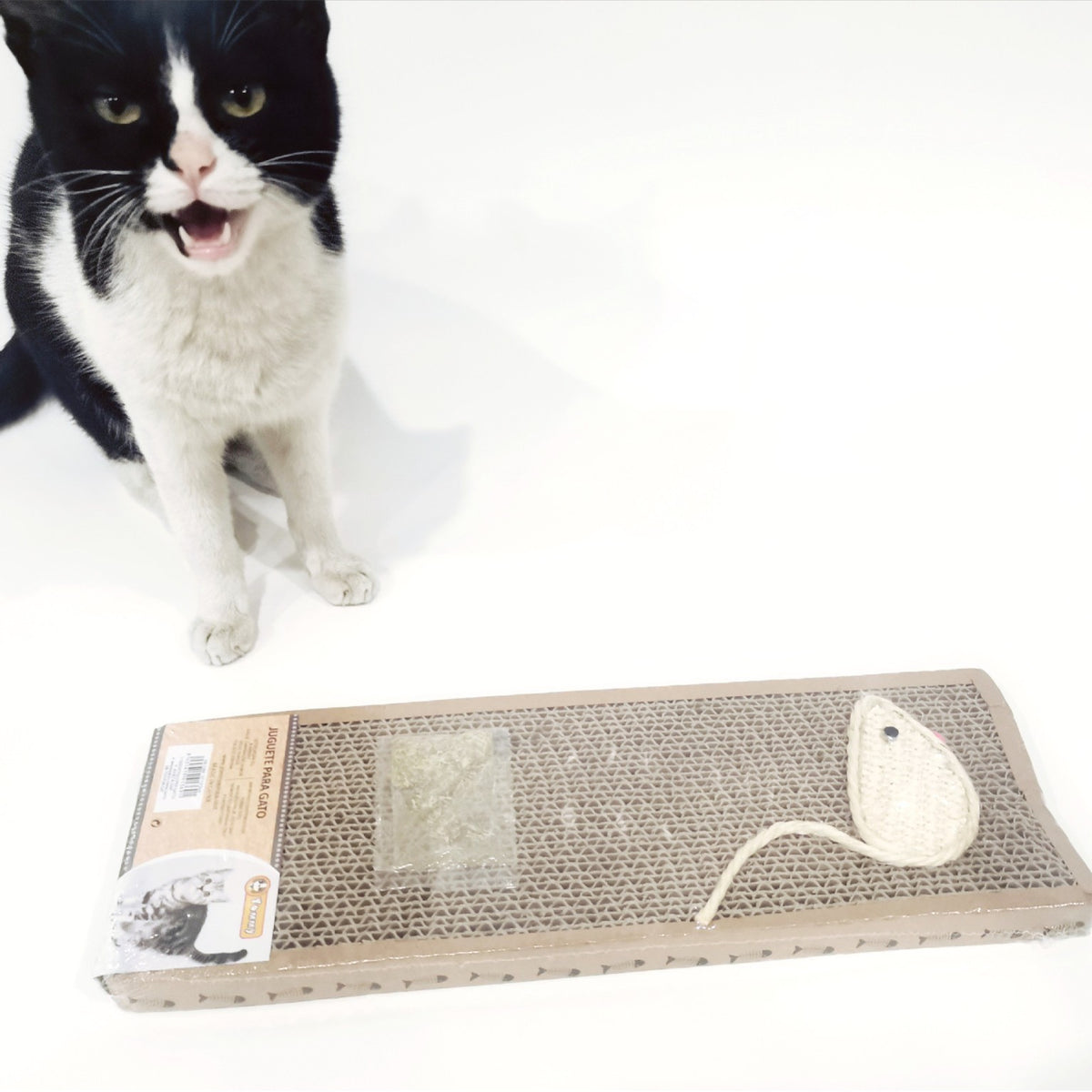 Mouse shaped corrugated cardboard cat scratching pad and toy