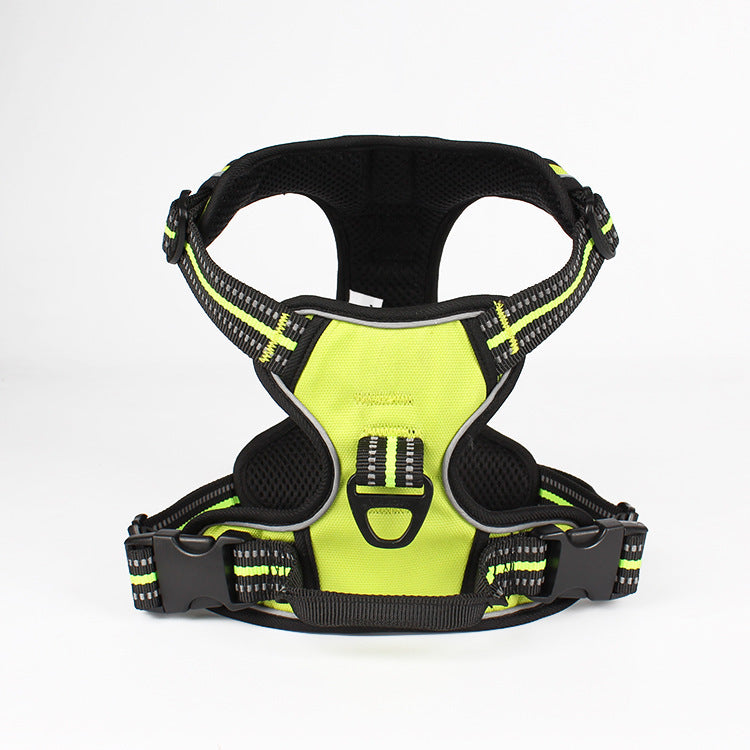 Double layer reflective dog harness in orange on a walk