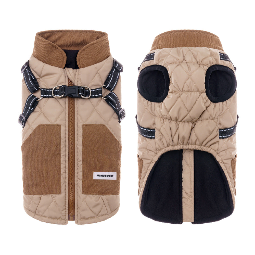 Fleece lined two-leg dog jacket with reflective details in Khaki, side view