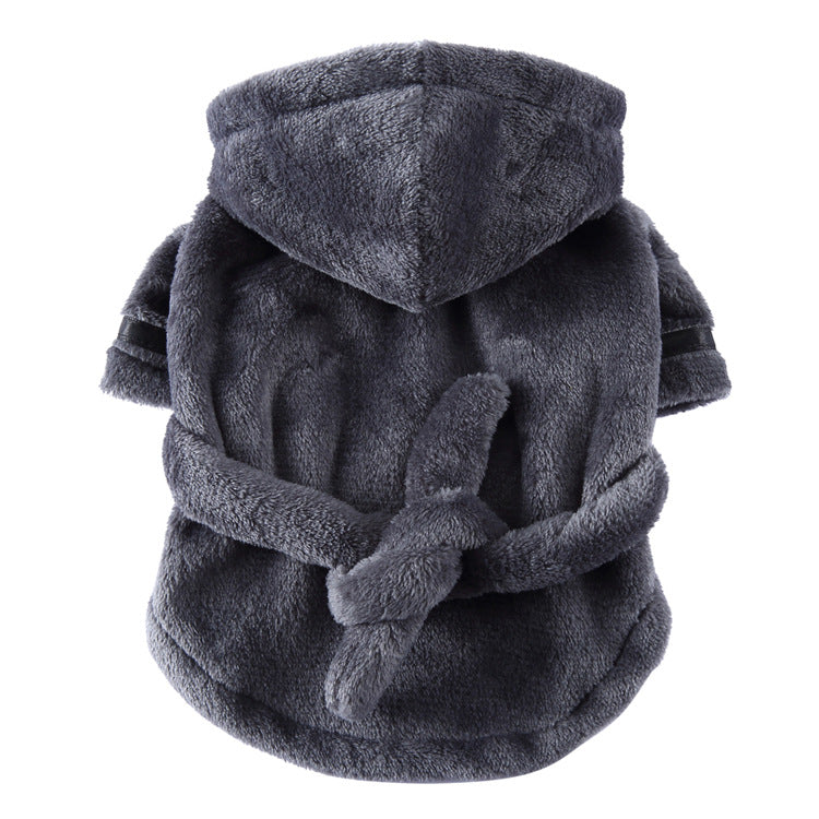 Soft flannel dog bathrobe and pyjamas in Purple, in use with a pet
