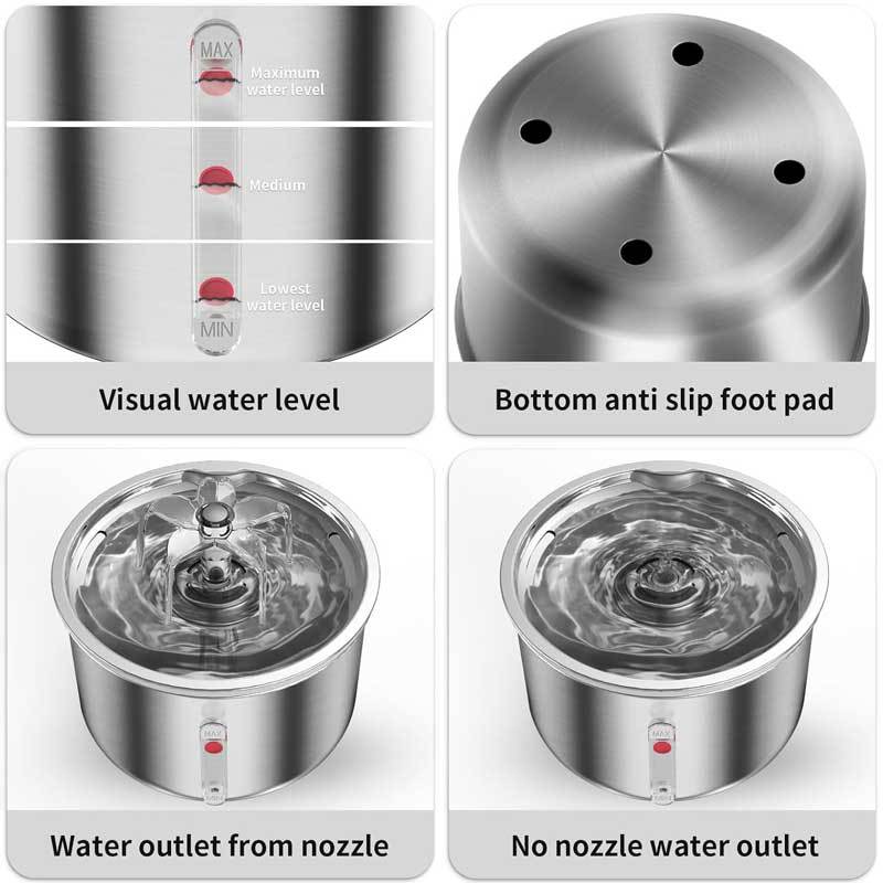 2L Stainless Steel Automatic Pet Water Dispenser with Quiet Pump and Visible Window