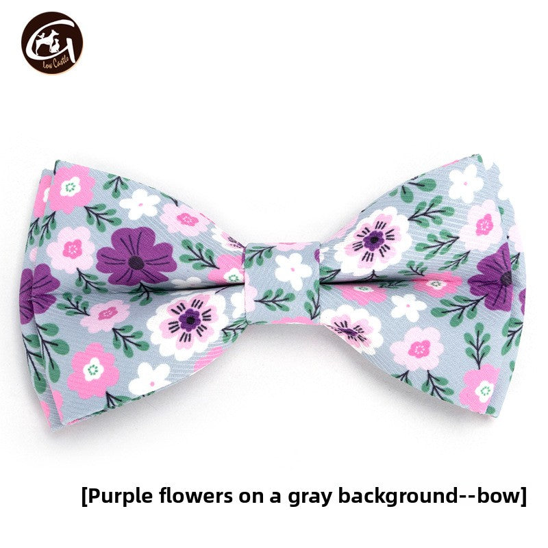 Floral fabric dog collar with gold buckle in Green Yellow Brown Stripe Bow, close-up detail
