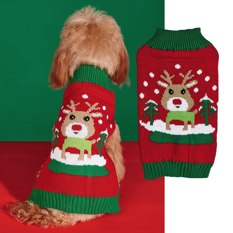 Christmas knitted pet jumper with festive design in Red Snow Deer, in a home setting