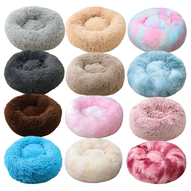 Light grey round deep sleep pet bed with soft plush