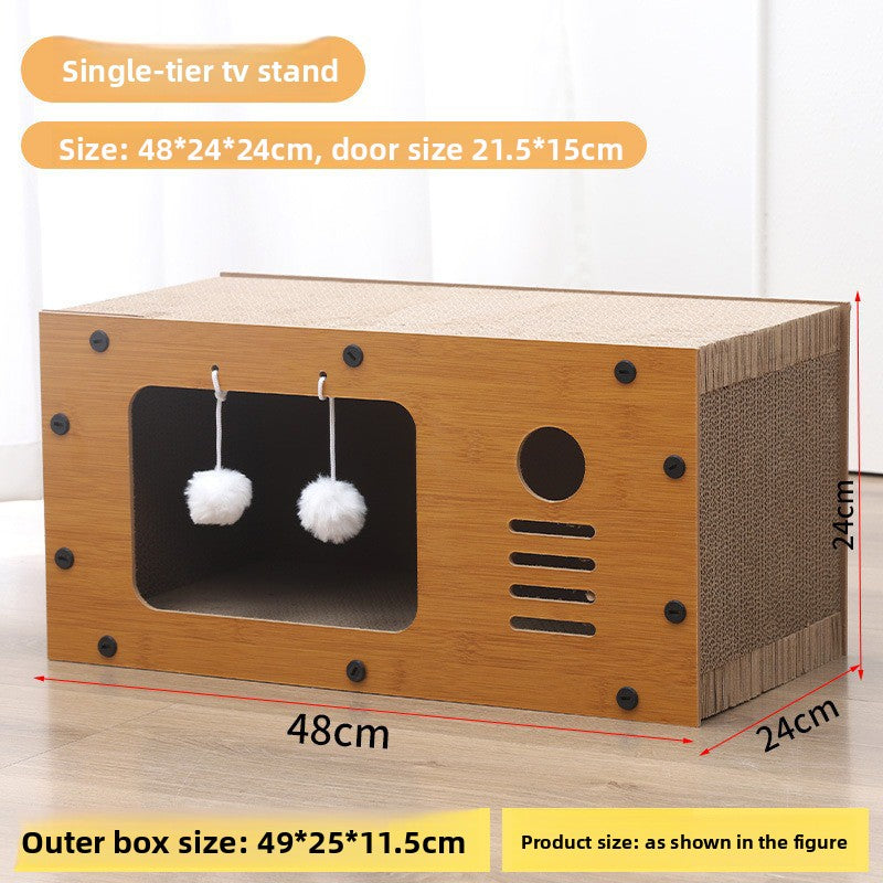 Cardboard cat house with built-in scratching board, alternative angle view
