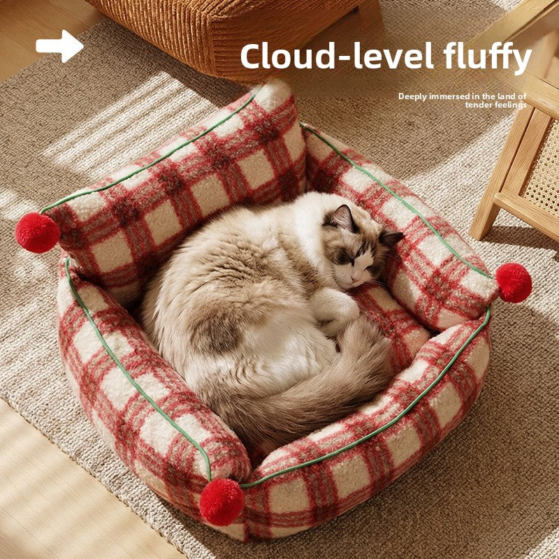Red plaid plush sofa nest bed for cats and small dogs, photo 4 of 8