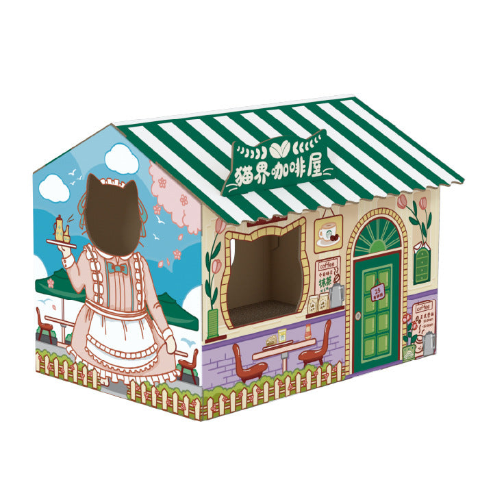 Corrugated cardboard cat house with coffee shop front design, view 7