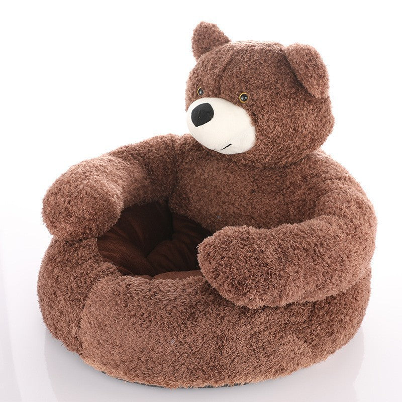 Cat curled up in a brown padded pet nest