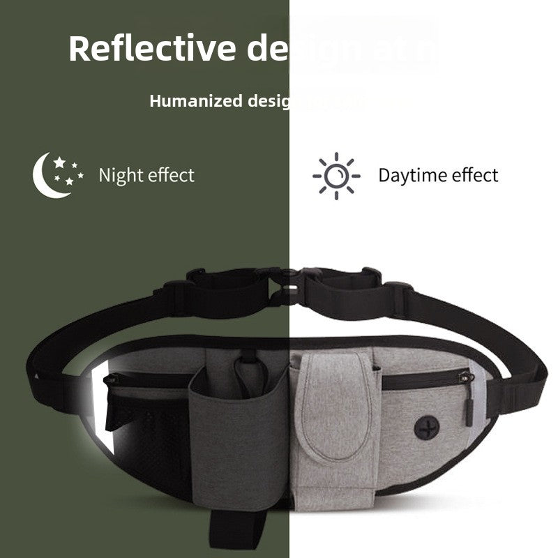 Grey dog training treat waist pack with pockets and reflective strips, view 2