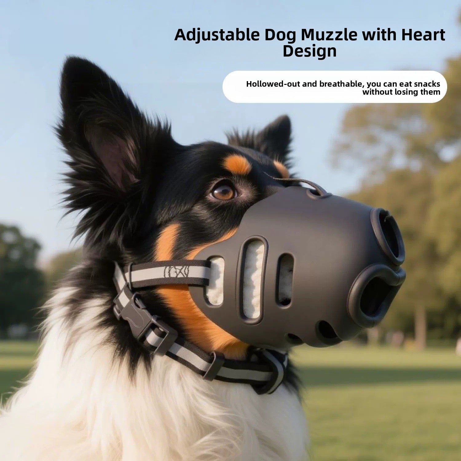 Reflective dog muzzle with heart pattern and adjustable strap, product image 1
