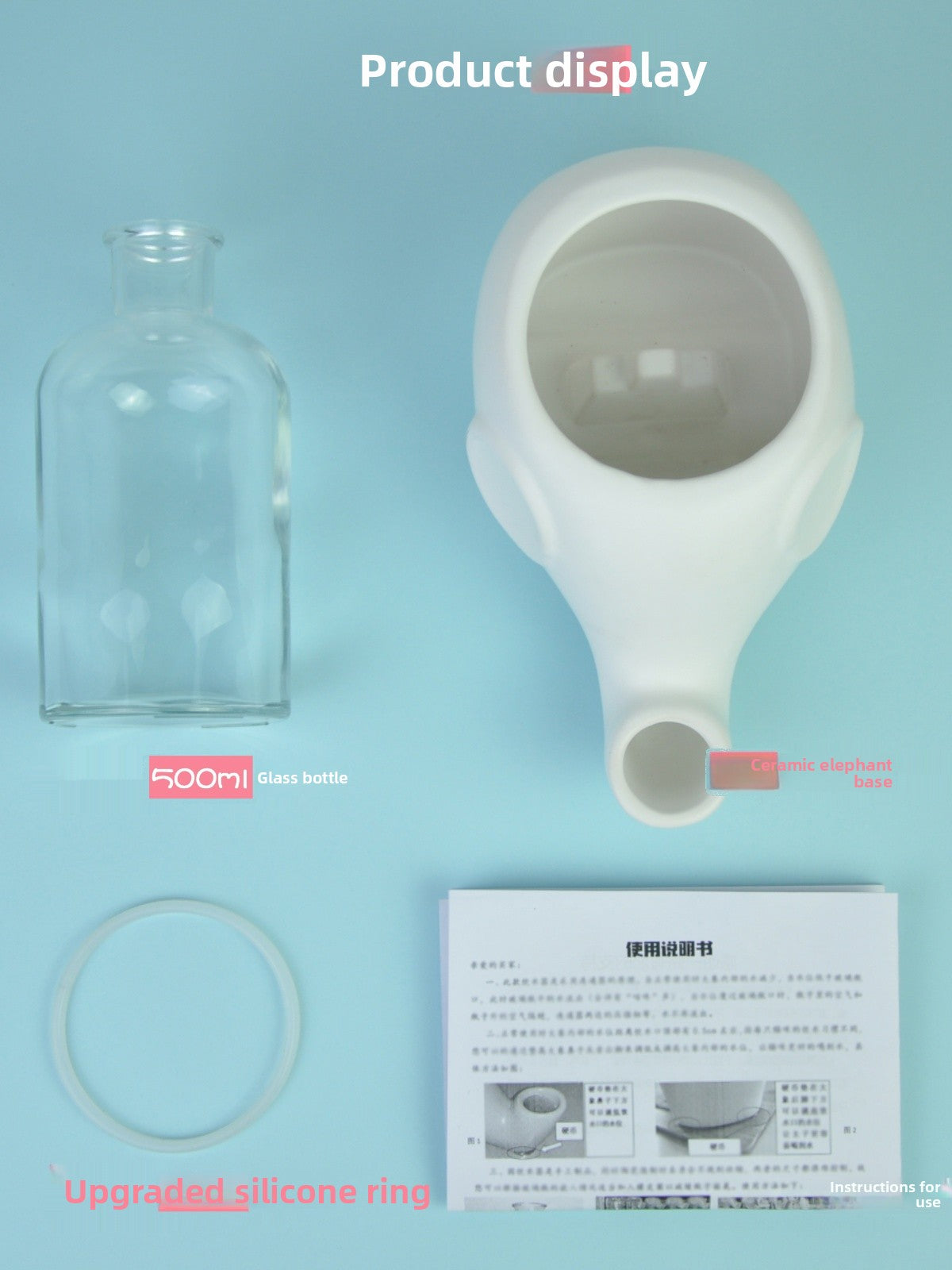 Ceramic Elephant Cat Water Dispenser with Glass Bottle and No-Wet Chin Design