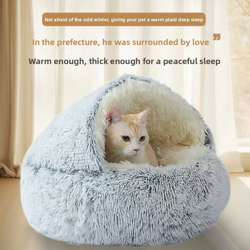 Gradient grey semi-enclosed shell cat bed in short velvet