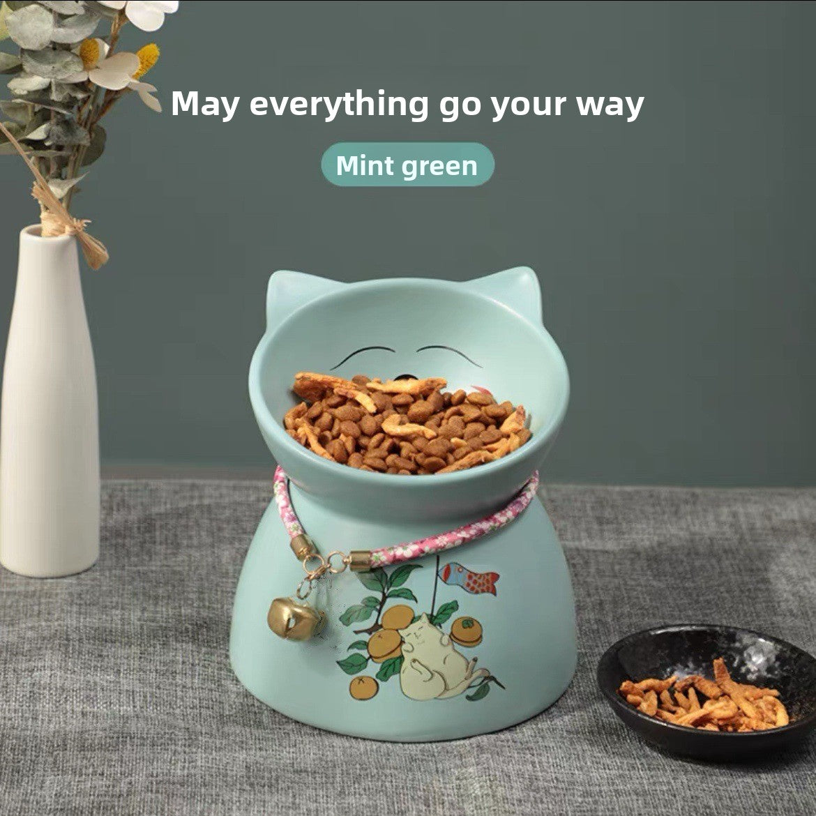 Elevated Ceramic Cat Feeding Bowl with Slanted Mouth and Matching Necklace