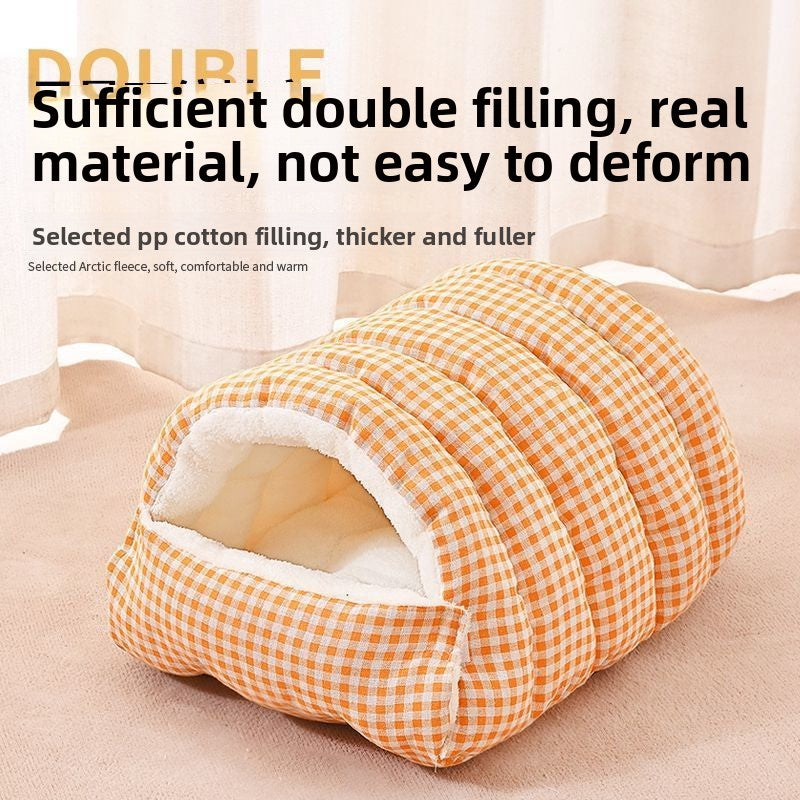 Enclosed warm cat nest with checked fabric and removable cushion, view 2 of 12