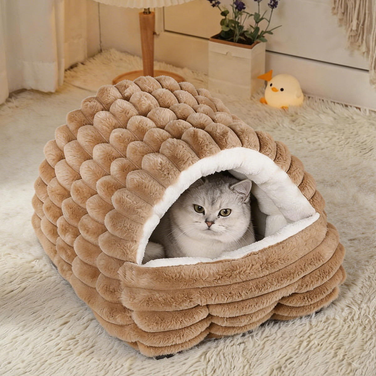 Enclosed plush cave bed with thick faux fur lining, product image 1