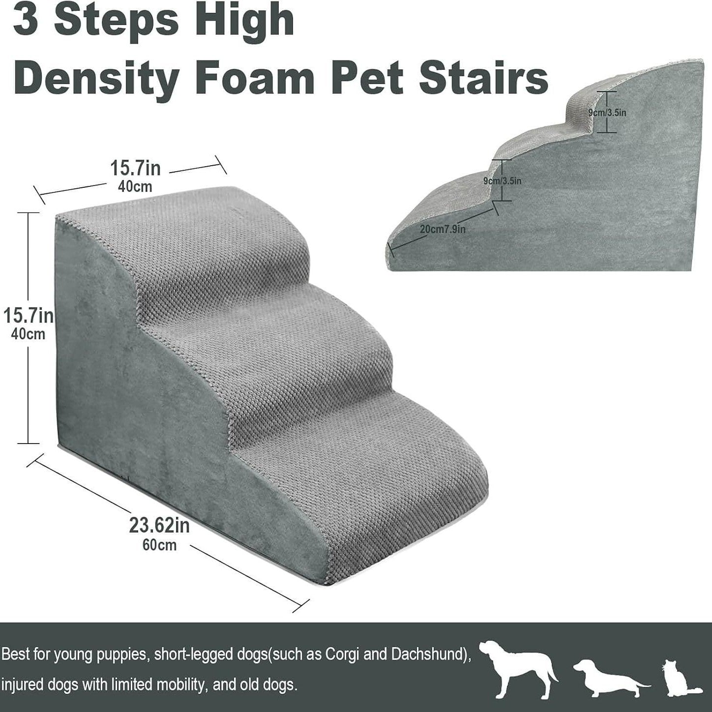 Grey 3 step foam pet stairs with measurements of 60 x 40 x 40cm