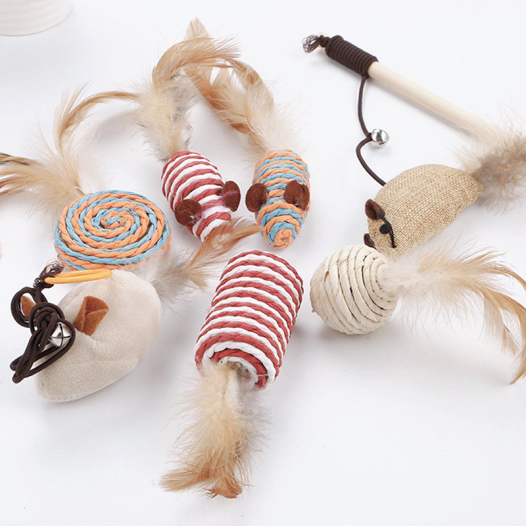 Interactive 7 piece cat toy set with feather teaser and bell, view 3