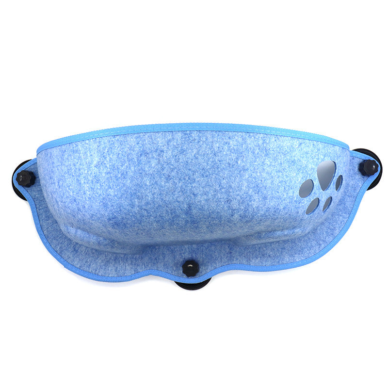 Grey moon shaped felt cat window hammock with suction cups, view 1
