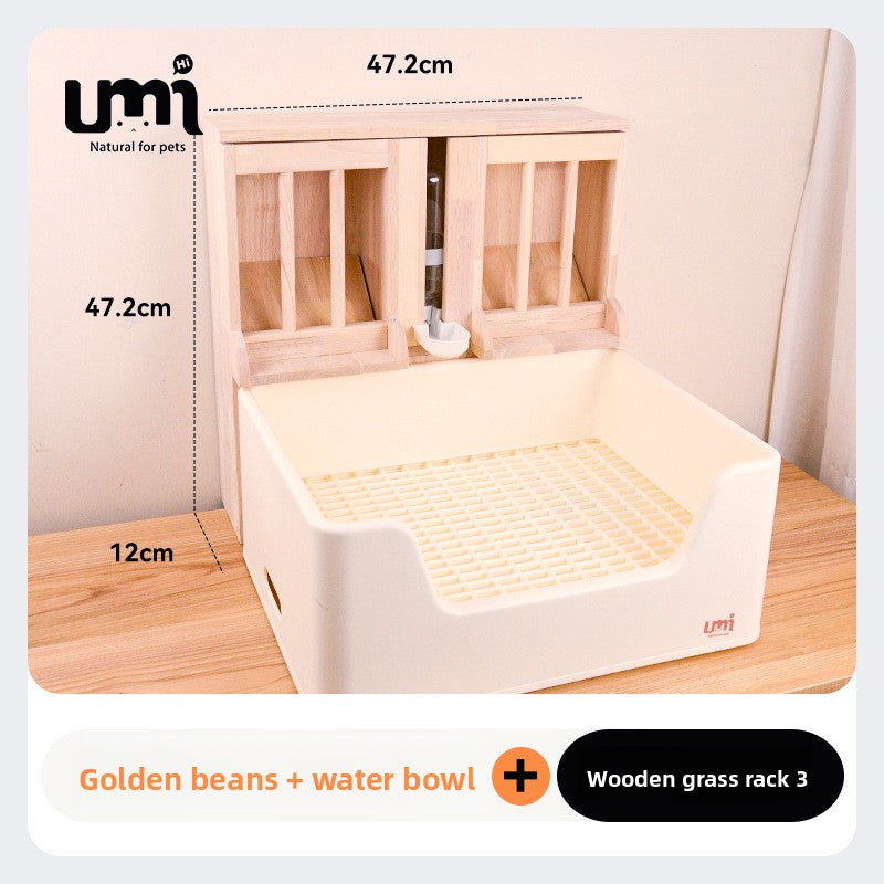 Three-part rabbit toilet set in white, close-up detail view