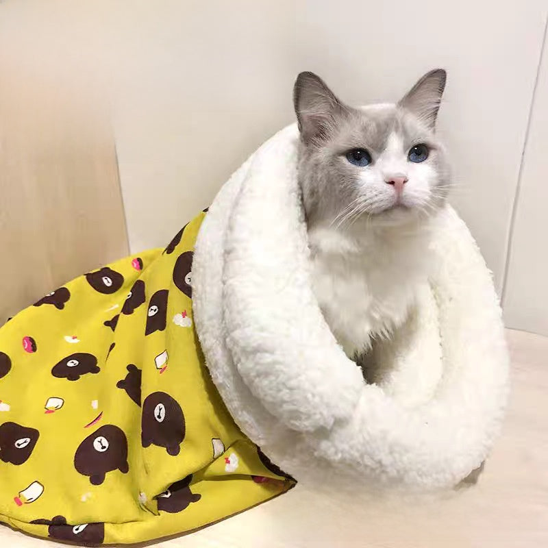 Plush hooded cat sleeping bag bed with pink deer design, product image 3
