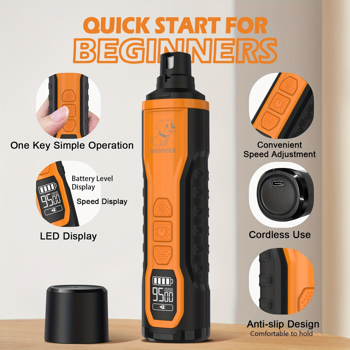 Rechargeable USB Pet Nail Grinder with 5 Speeds and Spare Heads