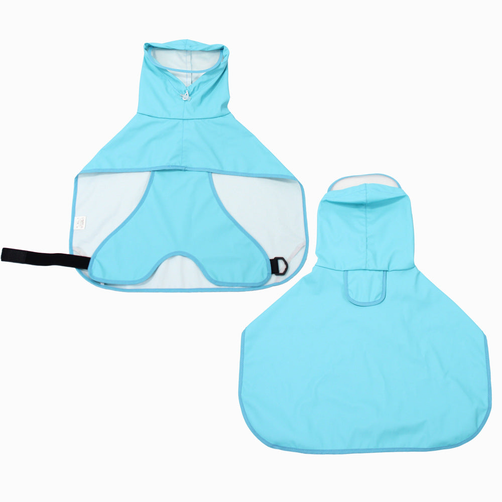 Waterproof PU dog raincoat cape with belly cover in Yolk Print, showing size and shape