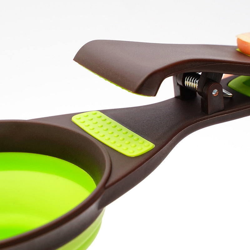 Foldable Silicone Pet Food Bowl with Scoop and Measuring Cup, Portable in Green or Pink