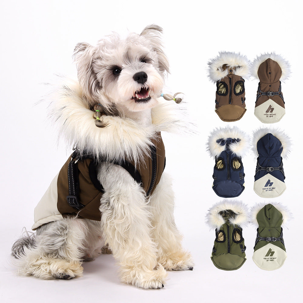 Hooded padded dog jacket with faux fur collar in Green, front view