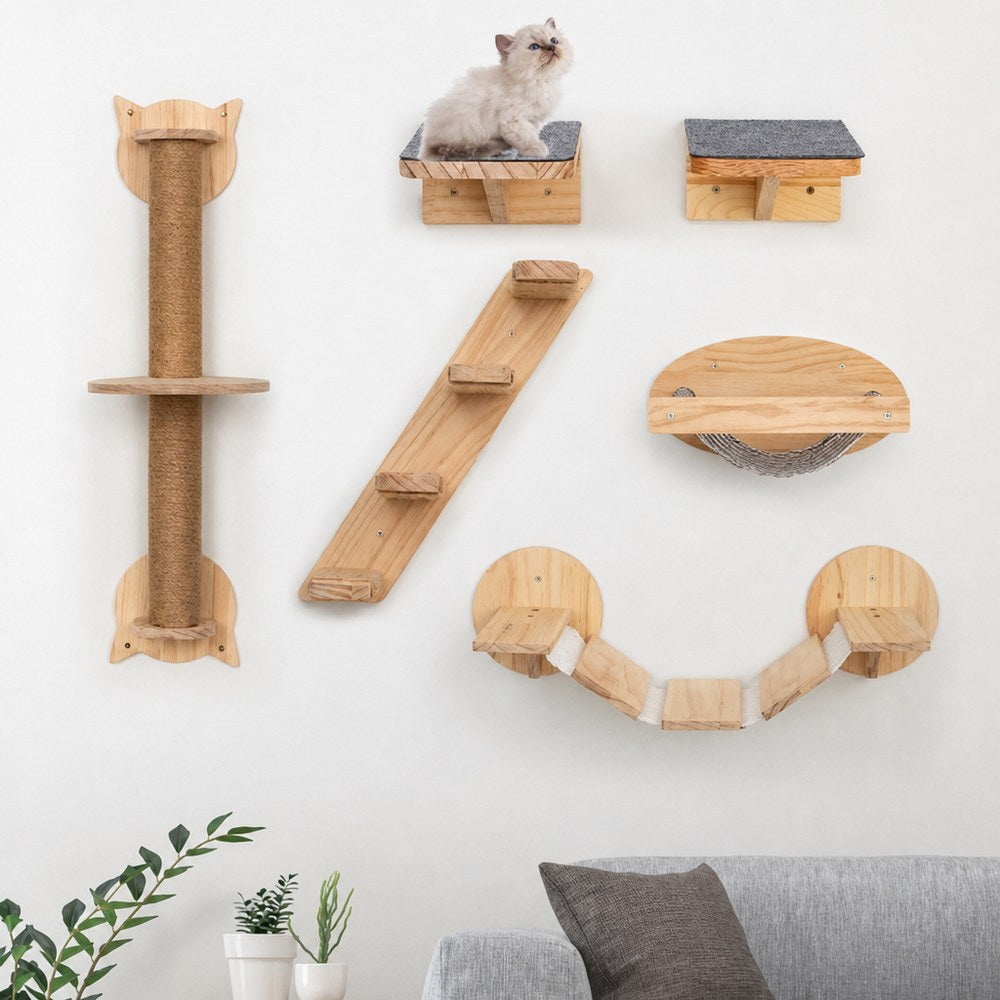 Wall-mounted wooden cat furniture with sisal, main product photo