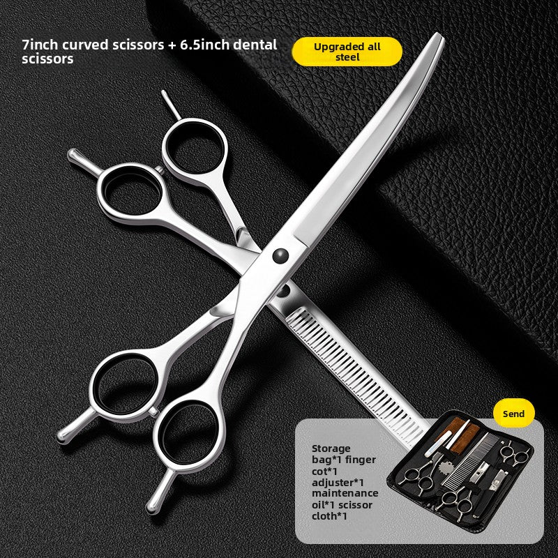 Straight, curved and thinning pet grooming shears with a matching comb