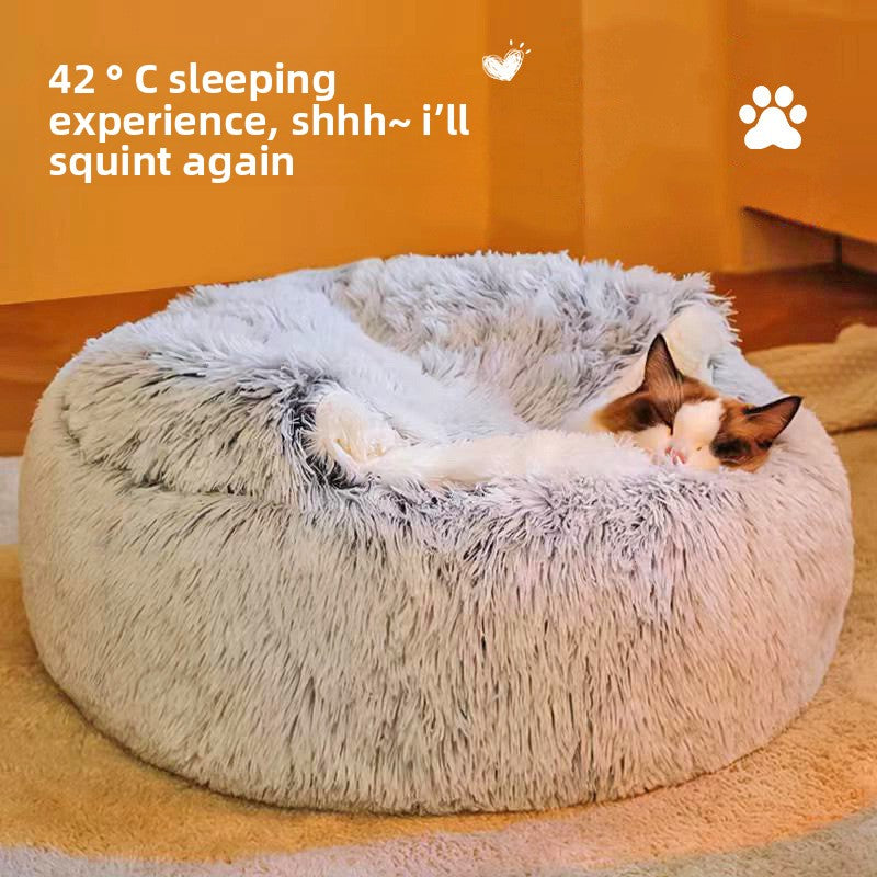 Semi-enclosed shell cat bed in soft plush, alternative angle view