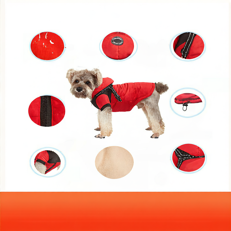 Hooded waterproof dog jacket with built-in harness in Pink, side view