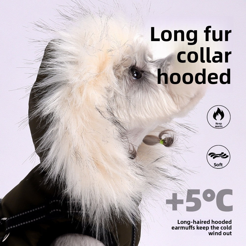 Hooded padded dog jacket with faux fur collar in Royal Blue, side view