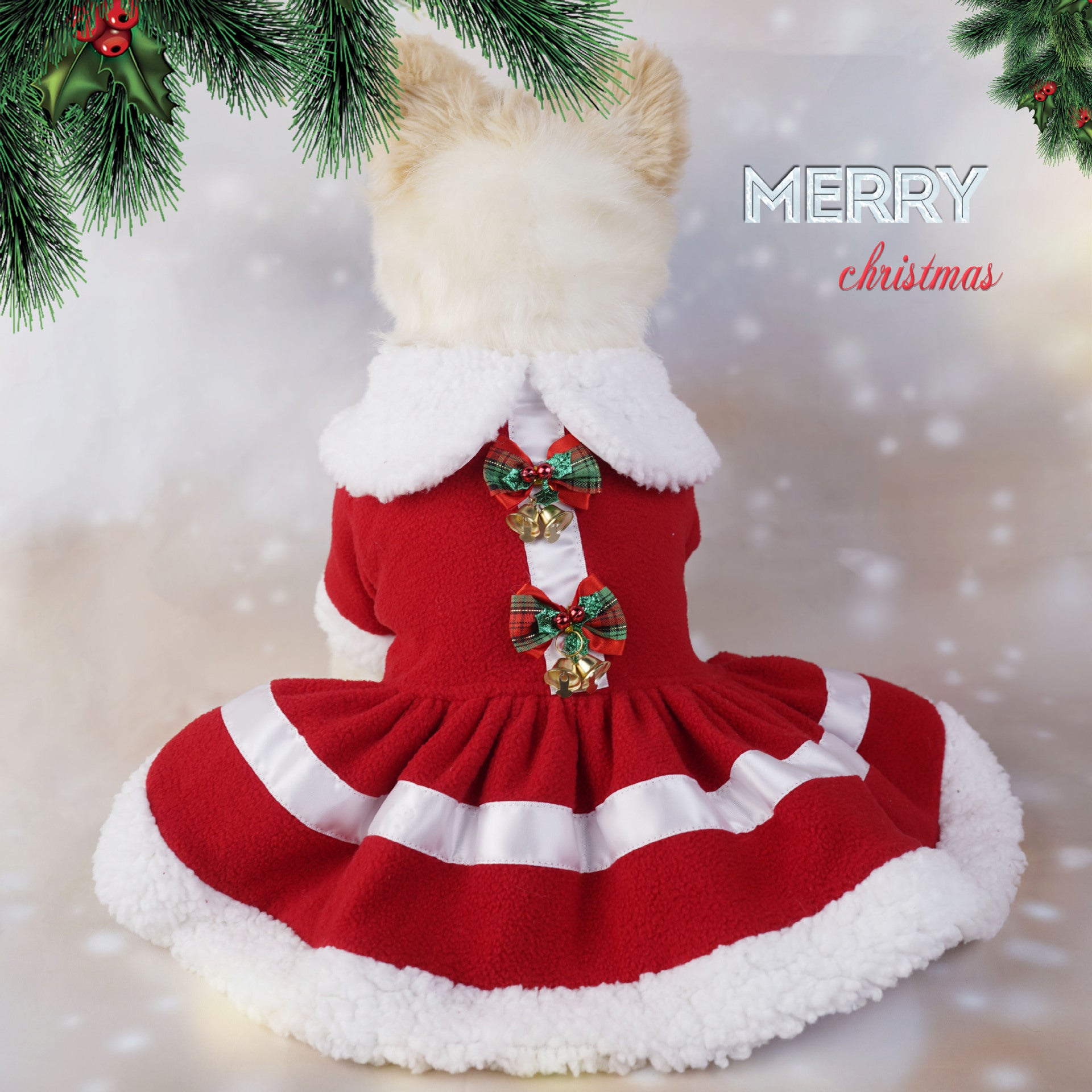 Christmas polar fleece pet dress for small dogs and cats, close-up detail