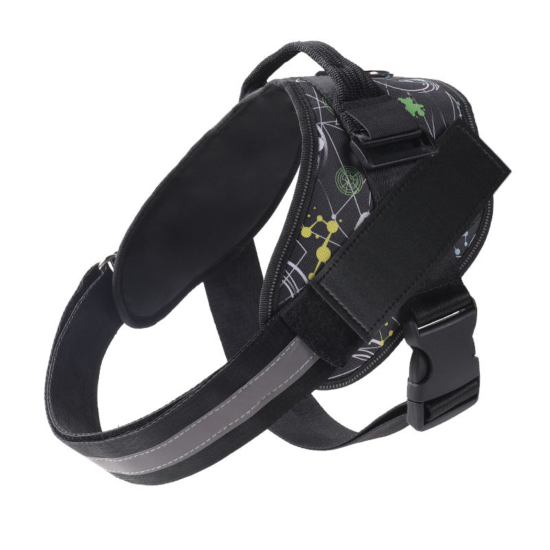 Burst proof dog harness shown in camouflage and bright colours