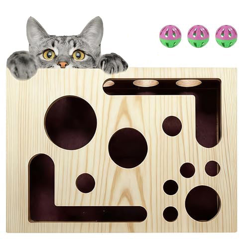 Wooden cat puzzle toy box with bell ball inside, view 1