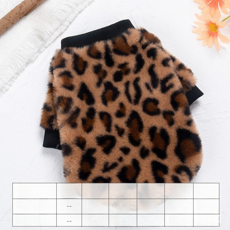 Leopard print sweatshirt for small dogs and cats, in use with a pet