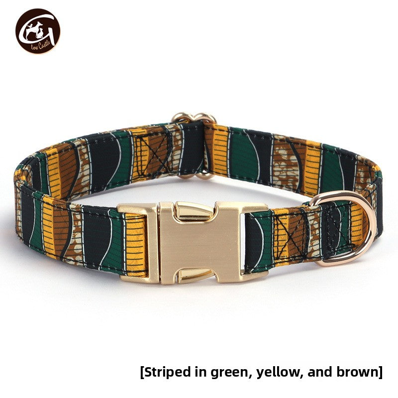 Floral fabric dog collar with gold buckle in Multicolour Stripe Lead, front view
