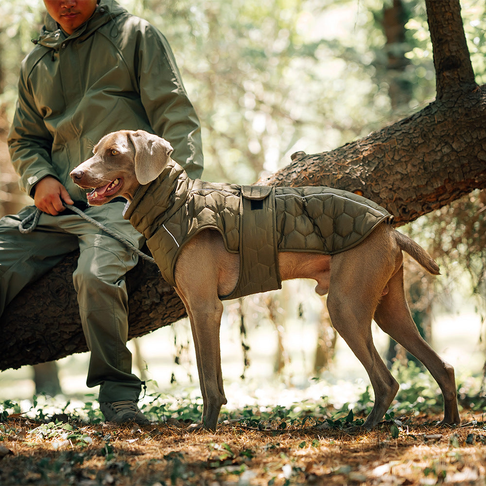 Thick water-repellent dog jacket with reflective trim in Olive, side view