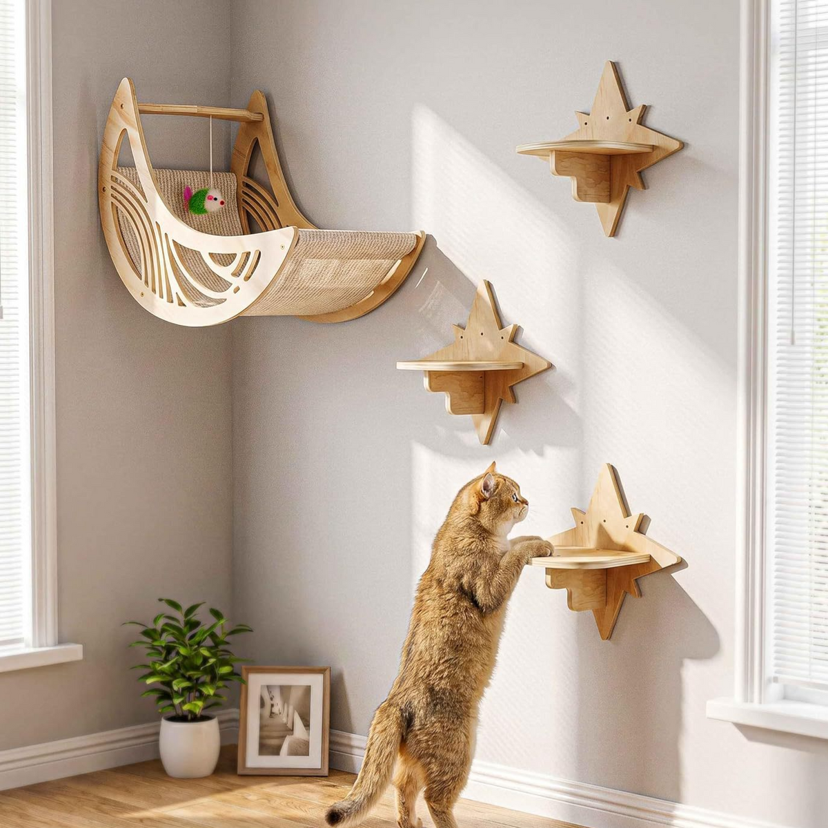 Wooden wall-mounted cat climbing frame with steps, alternative angle view