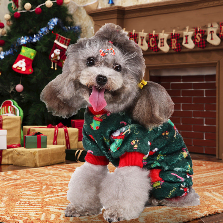 Coral fleece four-leg dog jumpsuit with holiday print in Blue Snowman, front view