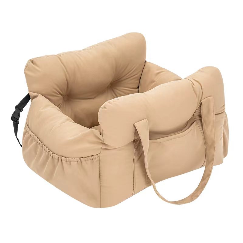 Dark grey padded dog car booster seat bed with strap, view 12