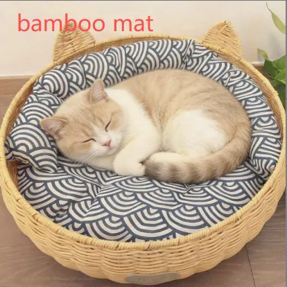 Brown rattan woven pet bed with blue cushion for cats, view 16