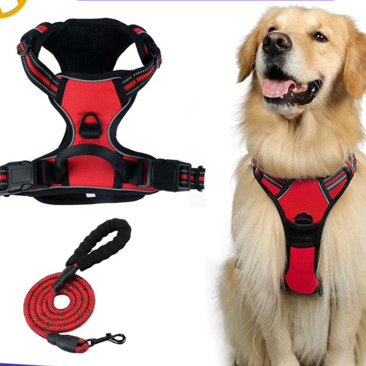 Reflective vest dog harness in black with matching rope lead