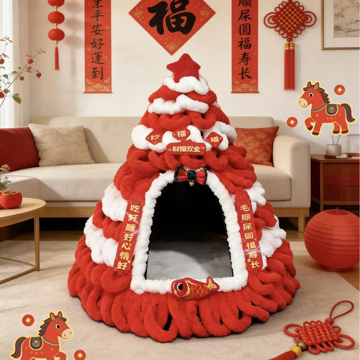 Felt tapered Christmas tree cat nest with hanging toy ball, product image 1
